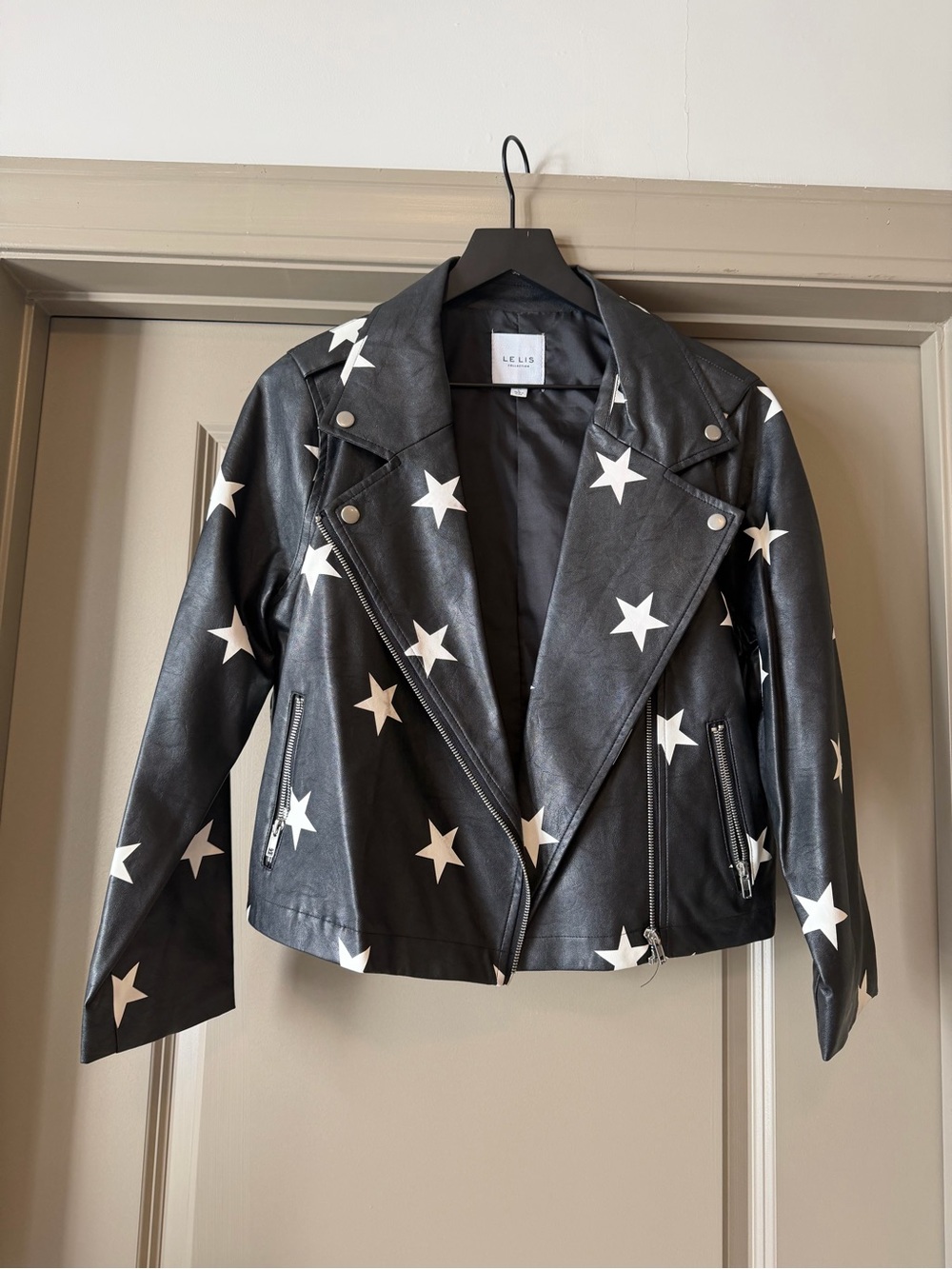 Le Lis Black Faux Leather Star-Print Moto Jacket